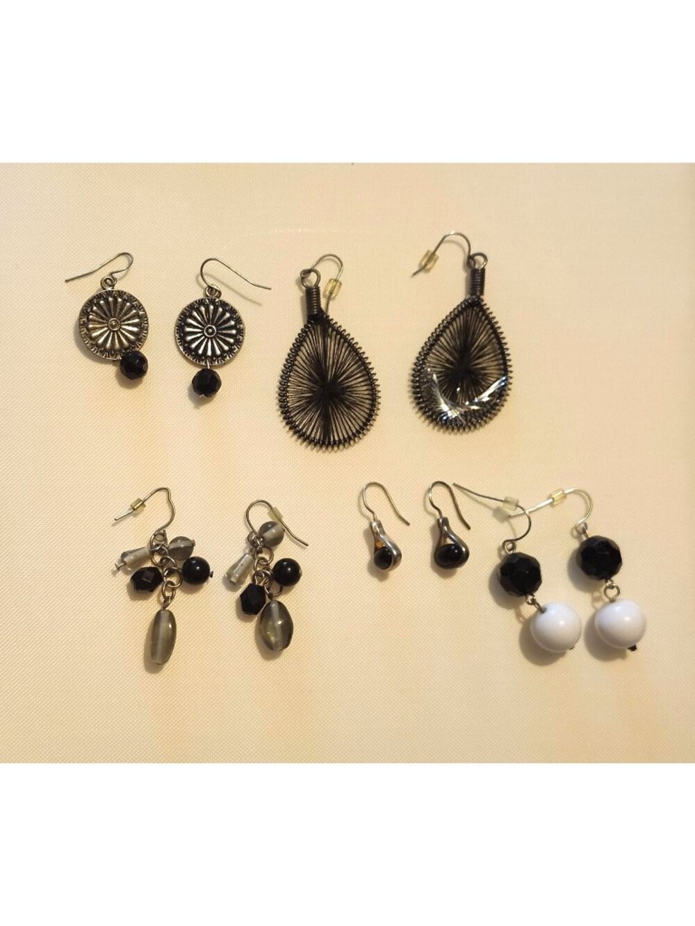 Lot of 5 Silver Tone Black & White Dangle Pierced Earrings Various Styles